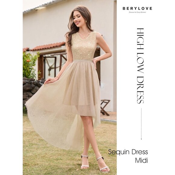 BeryLove Women Tulle Champagne Navy Chiffon Scoop Neck Sleeveless Cocktail Dress - Picture 4 of 7